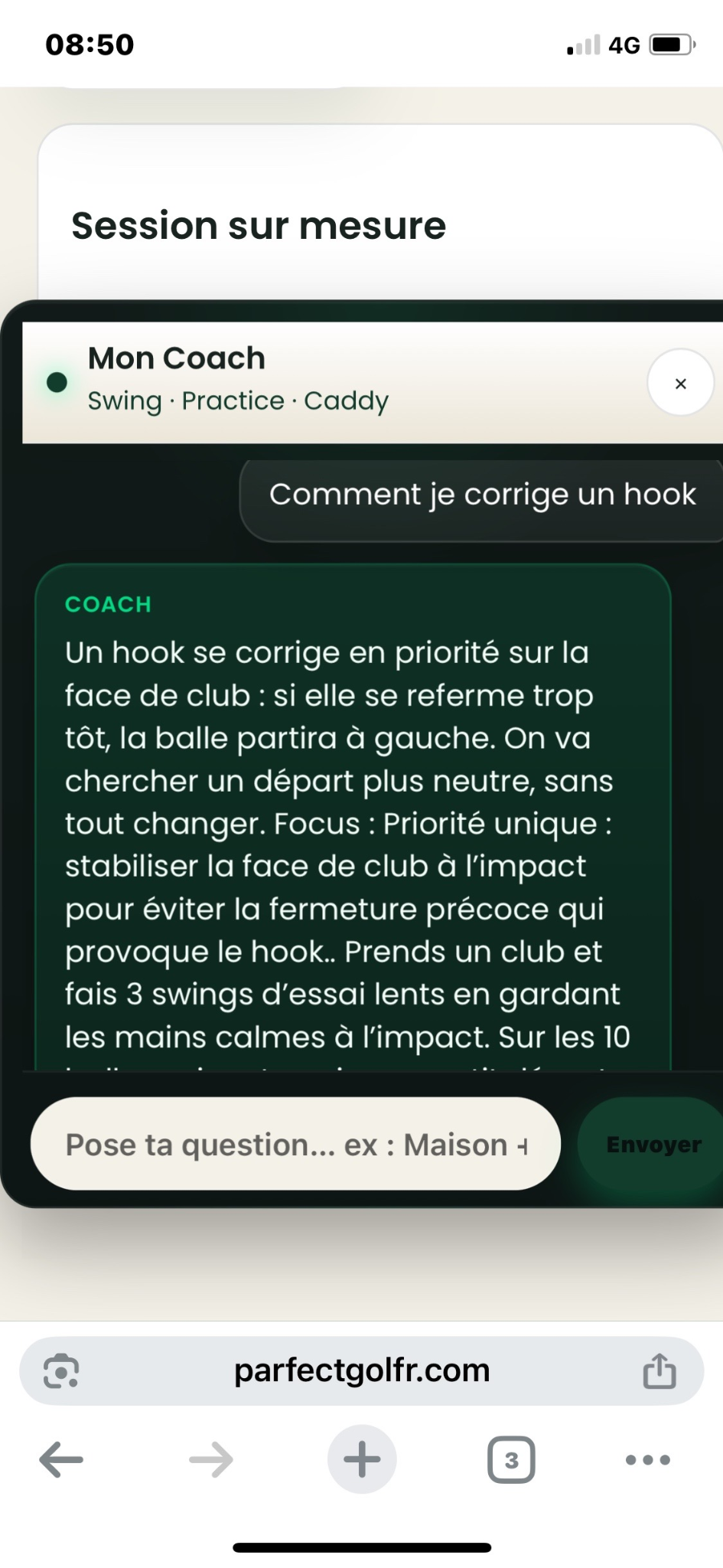 Écran coach IA et stratégie Parfect Golfr
