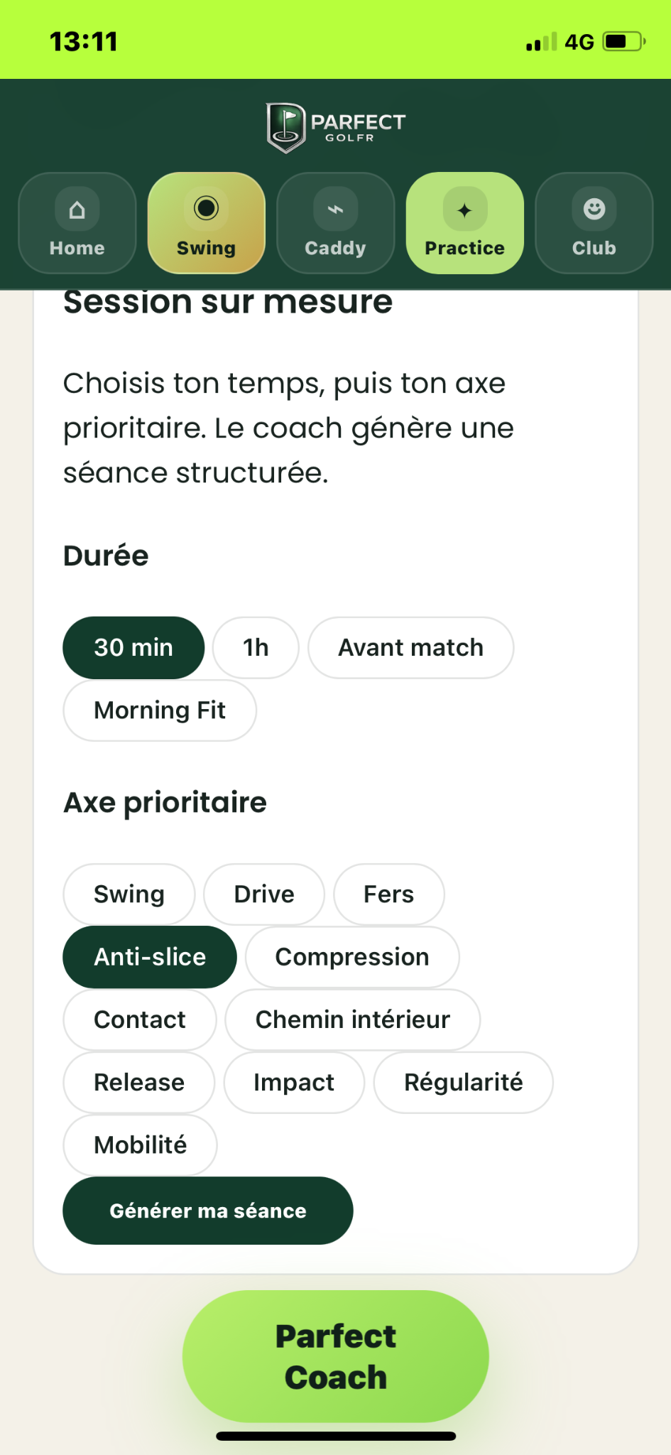 Écran Coach Practice